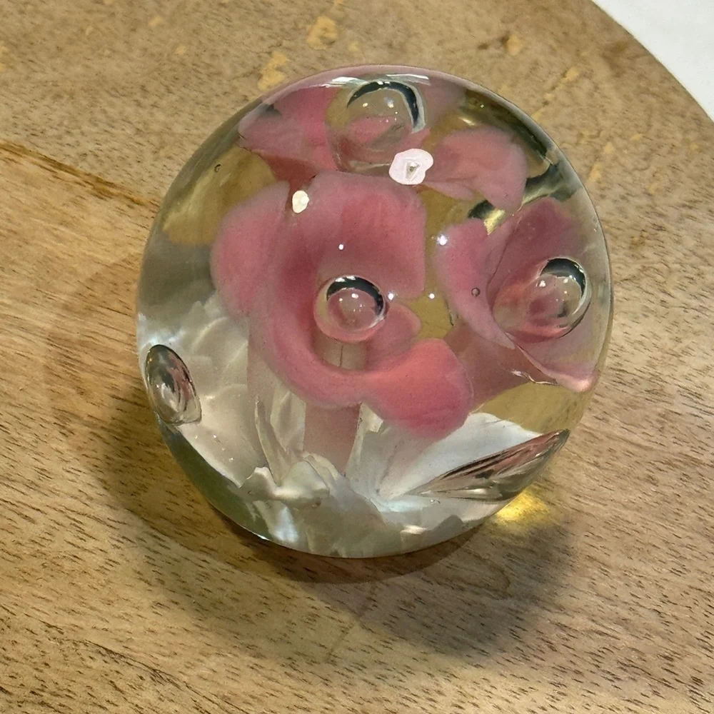 Art Glass Hand Blown Paperweight Pink Floral.